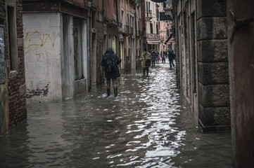 Venice, Veneto, Italy; 11/15/2019: Locals and tourists endure the worst flood in more than 50 years...