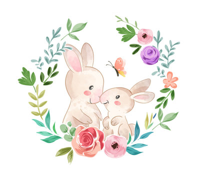 cute rabbit family in flower wreath illustration