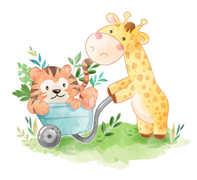 cute giraffe with tiger friend in the cart illustration