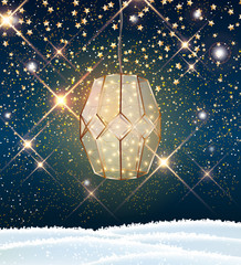 Christmas lantern with LED string with stars on dark blue sky, illustration