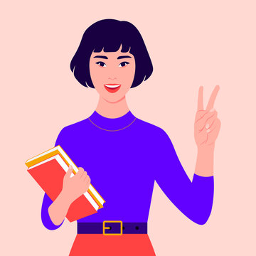An Asian girl smiles and shows a victory sign. Happy student with books. Hand gesture. Vector flat illustration