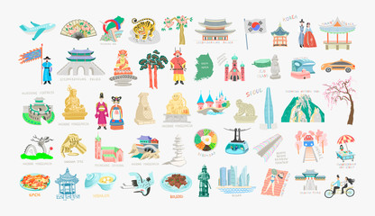 set of 25 doodle vector illustration - sights of South Korea travel collection - obrazy, fototapety, plakaty