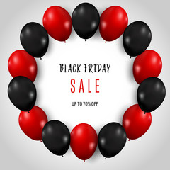 Black Friday with shiny and red Balloons on gray background as business , discount , promotion and Sale Poster concept. Vector illustration.