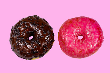 Tasty chocolate and pink donuts on pink background