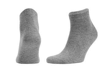 Blank grey cotton medium socks on invisible foot isolated on white background as mock up for advertising, branding, design, back and side view, template.