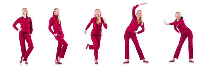 Young woman doing exercises on white