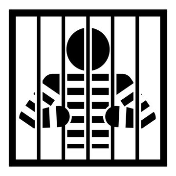 Prisoner behind bars holds rods with his hands Angry man watch through lattice in jail Incarceration concept icon black color vector illustration flat style image