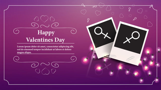 banner Valentines day greeting card with space for text for decoration design two photos with the sign of Venus for lesbian couples and female relationships