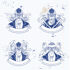 Set of sketch fireman stickers