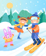 Happy young kids enjoying the winter snow with their cute little Rabbit skiing and ice skating against a snowy forest backdrop, vector illustration