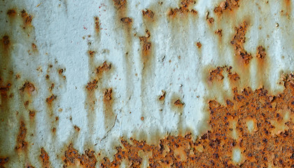 Rusted white painted metal wall. Rusty metal background with streaks of rust.	