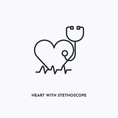 heart with stethoscope and heartbeat outline icon. Simple linear element illustration. Isolated line heart with stethoscope and heartbeat icon on white background. Thin stroke sign can be used for web