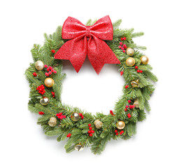 Beautiful Christmas wreath on white background © Pixel-Shot