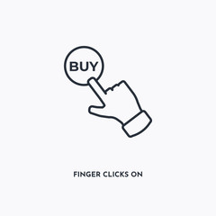 Finger clicks on buy button outline icon. Simple linear element illustration. Isolated line Finger clicks on buy button icon on white background. Thin stroke sign can be used for web, mobile and UI.
