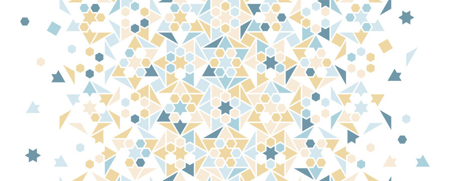 Pale blue arabesque vector seamless background. Geometric halftone texture with color tile disintegration
