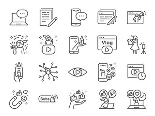 Micro influencer and blog line icon set. Included icons as reviews, social media, advertisement, view rates, like, vlog and more. - obrazy, fototapety, plakaty