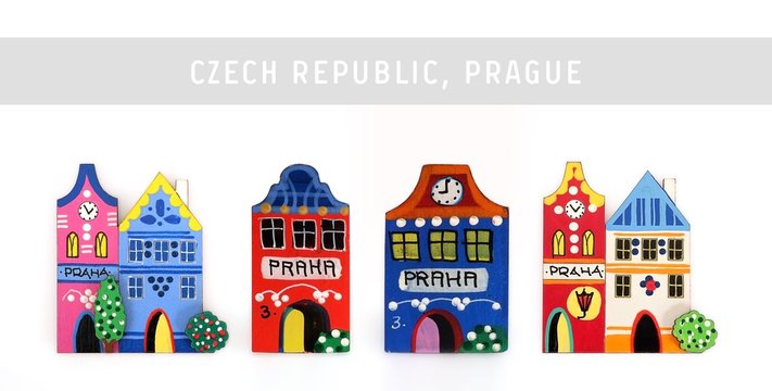Souvenir (magnet) from the Czech Republic isolated on white background. Czech inscription is the name of the capital of "Prague" in English