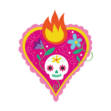 mexican celebration heart with skull mask and flame