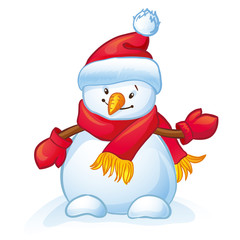 Cartoon Snowman with Santa hat, scarf and mittens. Christmas and New Year character. Vector illustration on a white background.
