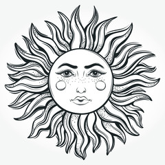 Bohemian hand drawn sun. Vector illustration for coloring book, t-shirts design, tattoo. Sacred Geometry, Magic, Esoteric Philosophies, tattoo, ar. Vector illustration isolated.