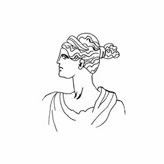 Artemis vector marble head. Work of art of ancient Greece era. An illustration of the goddess hunting on a white isolated background hand drawn the style of the line. Design for web, cards, printing.