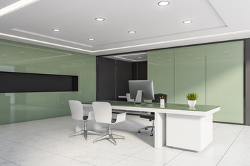 Green and gray CEO office corner with meeting room