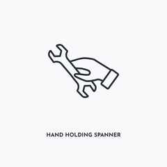 Hand holding spanner outline icon. Simple linear element illustration. Isolated line Hand holding spanner icon on white background. Thin stroke sign can be used for web, mobile and UI.