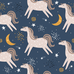 Horses, hand drawn backdrop. Colorful seamless pattern with animals, moon, stars. Decorative cute wallpaper, good for printing. Overlapping colored background vector. Design illustration