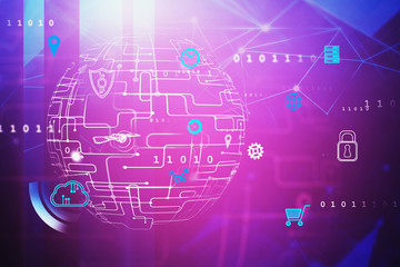 Purple digital icons interface, global network