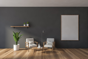 Gray living room with white armchairs and poster