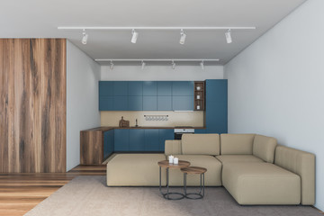 Blue and wooden kitchen and living room