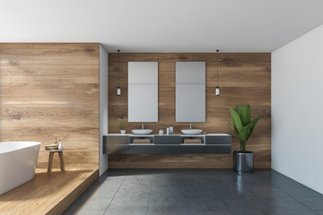 Wooden bathroom interior with gray tiles