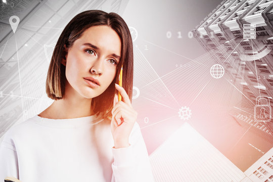 Thoughtful woman in city, big data interface