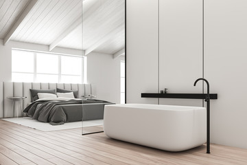 Attic bathroom and white bedroom interior