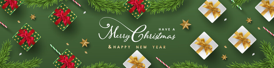 Merry Christmas and Happy New Year.Happy New Year design with realistic festive objects, light hanging, garland, green and white gift boxes, ball bauble. Horizontal banner design.