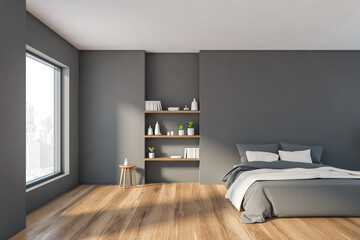 Modern gray bedroom interior with bookshelves