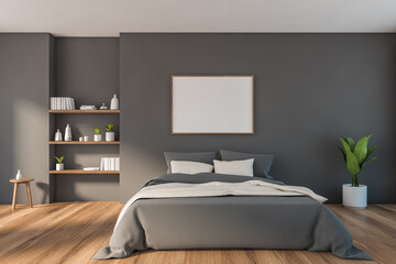 Modern gray bedroom interior with poster