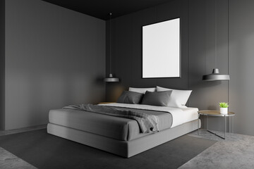 Minimalist grey master bedroom corner with poster