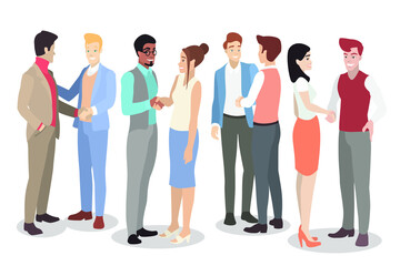 Fototapeta premium Young men and women in modern casual clothes shake hands. A colorful, vibrant collection of vectors that is ideal for commercial purposes and presentations.