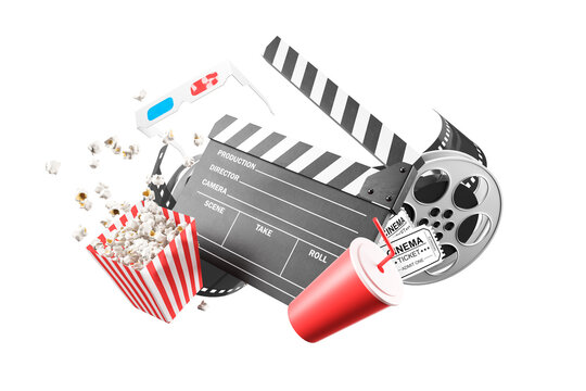 Movie clapper board, popcorn and reel on white