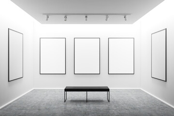 White art gallery interior with mock up posters - obrazy, fototapety, plakaty