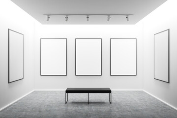 White art gallery interior with mock up posters