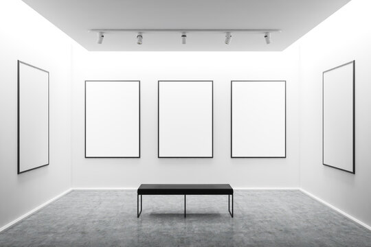 White art gallery interior with mock up posters