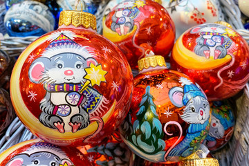 Fototapeta premium Moscow, Russia. Modern Christmas toys with the symbol of 2020 - rat , mouse