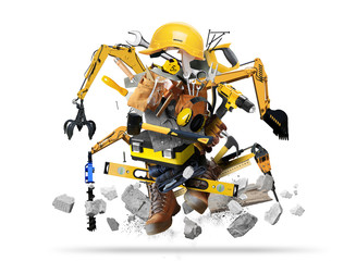 Huge construction robot, tools with construction machinery in grunge style