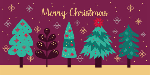 merry christmas card with pines trees