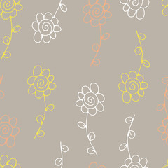 Floral seamless pattern in line art style.  Abstract botanical print of flowers, leaves, twigs.Textile design texture. Spring blossom background. Vector illustration.