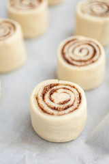 Raw Cinnamon rolls. Preparation process - unbaked dough, waiting before baking 