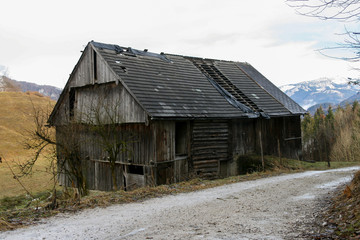 Obraz premium An old barn sitting aside a gravel road used for forestry work. It looks like some shack used to hold hay or keep animals.