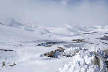 Natural Scene white Snow on the   himalaya snow mountain of High Roadway at tanglang la pass in...